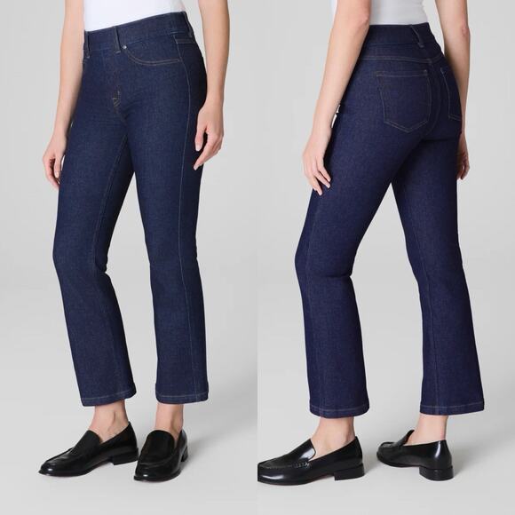 SPANX Kick Flare Pull On Jeans 1X Petite Stretch High Rise Raw Indigo Cropped - Picture 1 of 9